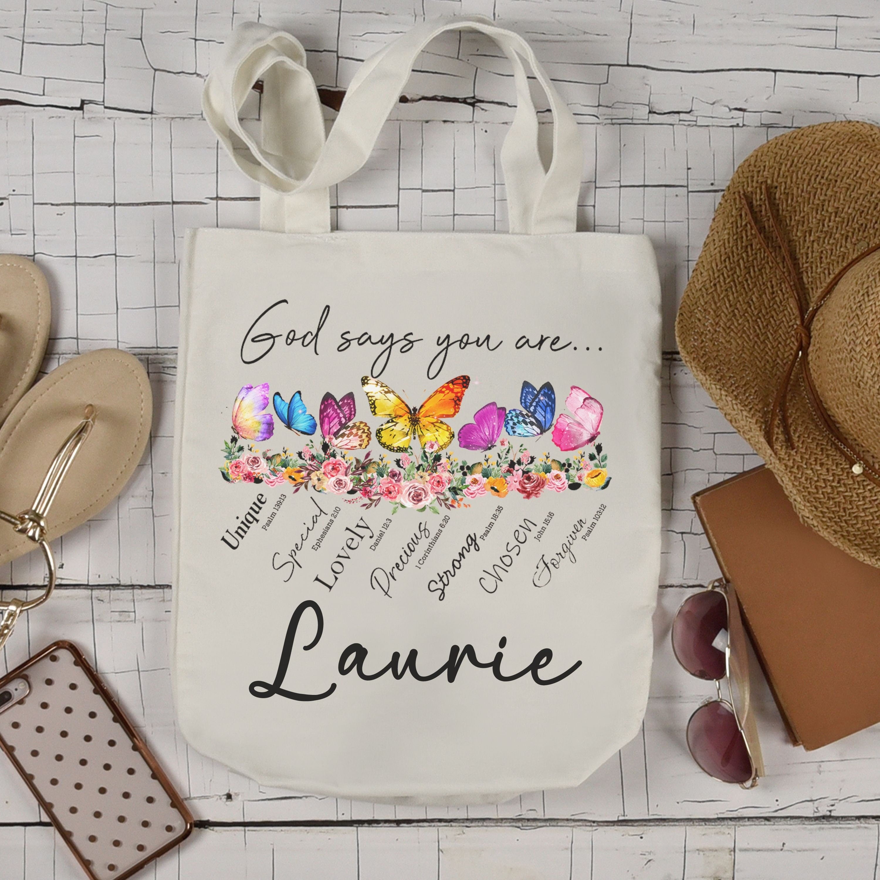 Personalized Christian Canvas Tote Bag – Custom Butterfly Bible Verse Bag – Bible Study Tote – Religious Gift for Daughter – Faith-Based Gift for Friend – Custom Scripture Tote